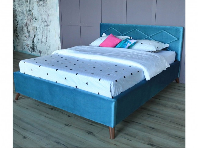 Мягкая кровать Monika 1600 синяя c ортопедическим основанием и фото