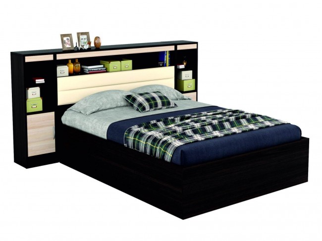 Кровать Виктория 1400 с изголовьем из кожи, блоком и тумбами фото