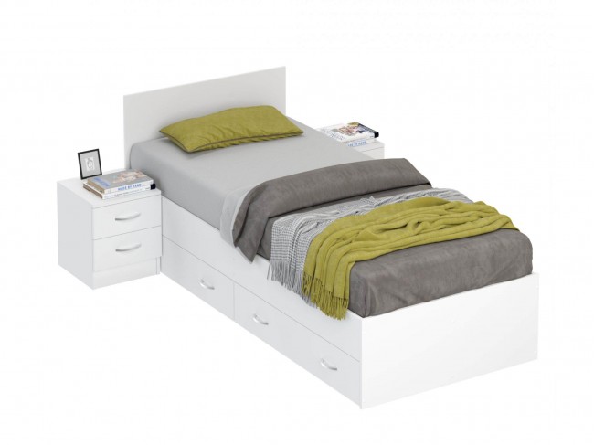 Кровать Виктория 90 белая с ящиками и 2 прикроватными тумбами фото