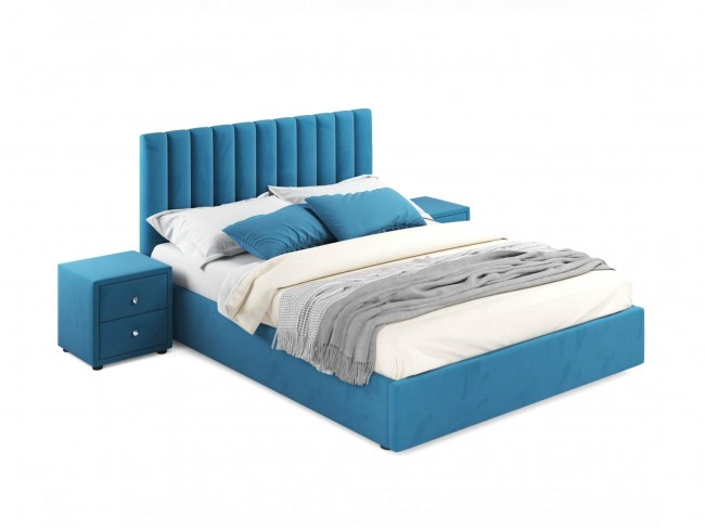 Мягкая кровать с тумбами Olivia 1600 синяя с подъемным механизмо фото