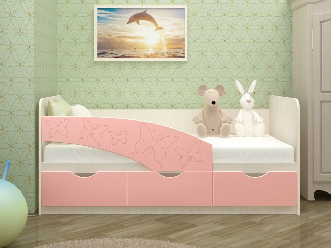 Детская кровать Бабочки 80х160, розовый металл (Розовый, Дуб Кра фото