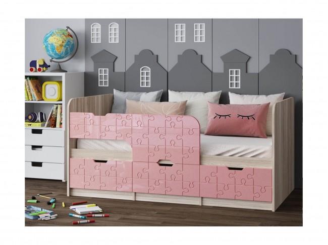 Детская кровать Юниор-9, 80х160 (Розовый металлик, Ясень шимо св фото