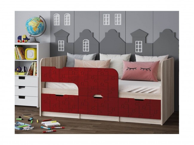 Детская кровать Юниор-9, 80х160 (Красный металлик, Ясень шимо св фото