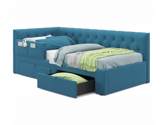 Односпальная кровать-тахта Afelia с ящиками и бортиком 900 синяя фото