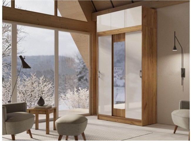 Басямиф Шкаф-купе с антресолью (Дуб Крафт Золотой / Белый Глянец фото