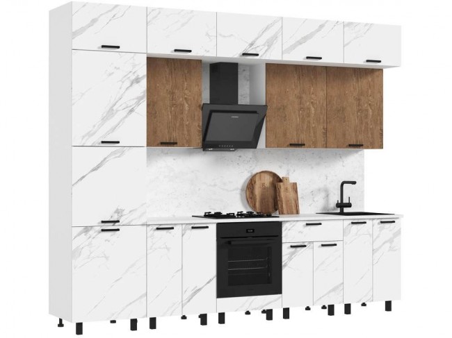 Кухня Техно 3,0/1080м Компоновка №6, Белый/Мрамор белый/Экзотиче фото