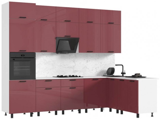 Кухня Техно 3,0х1,8/1080м Компоновка №6, Белый/Марсала глянец фото