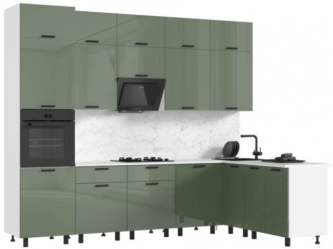 Кухня Техно 3,0х1,8/1080м Компоновка №6, Белый/Олива глянец фото
