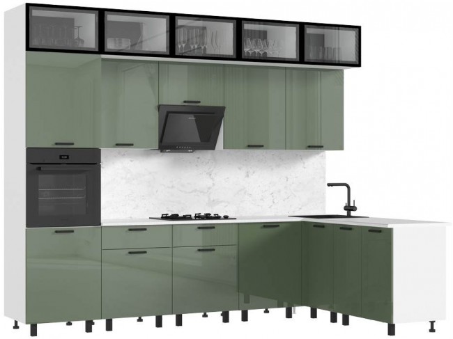 Кухня Техно 3,0х1,8/1080м Компоновка №8, Белый/Олива глянец фото