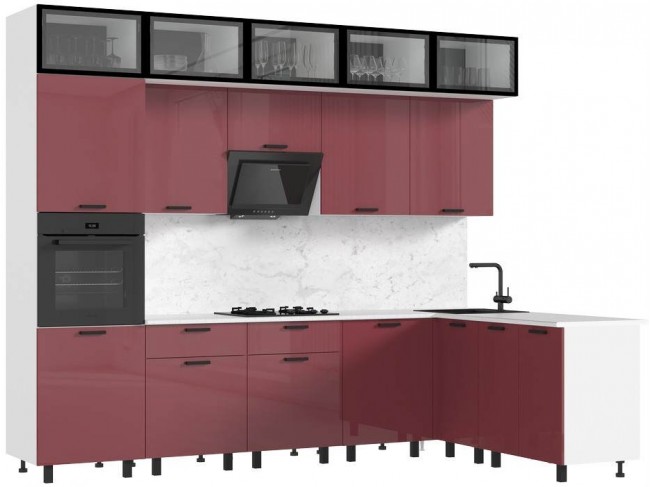 Кухня Техно 3,0х1,8/1080м Компоновка №8, Белый/Марсала глянец фото