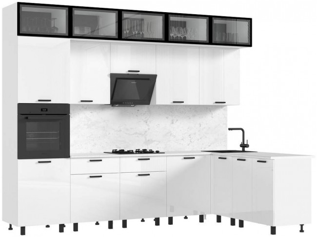 Кухня Техно 3,0х1,8/1080м Компоновка №8, Белый/Белый глянец фото