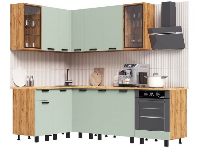 Кухня Техно 1,4х2,4м Компоновка №9, Крафт золотой/Олива софт фото