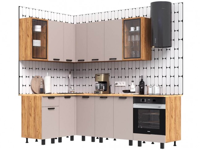 Кухня Техно 1,4х2,4м Компоновка №9, Крафт золотой/Холст латте фото