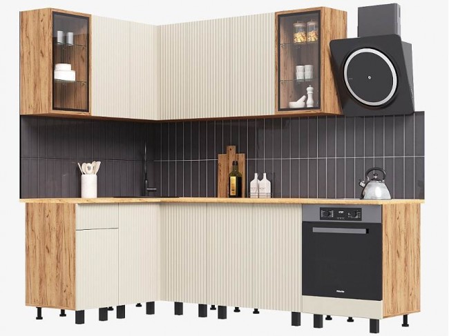 Угловая кухня Оливия NEW 1,4х2,4м, Крафт золотой/Кашемир фото