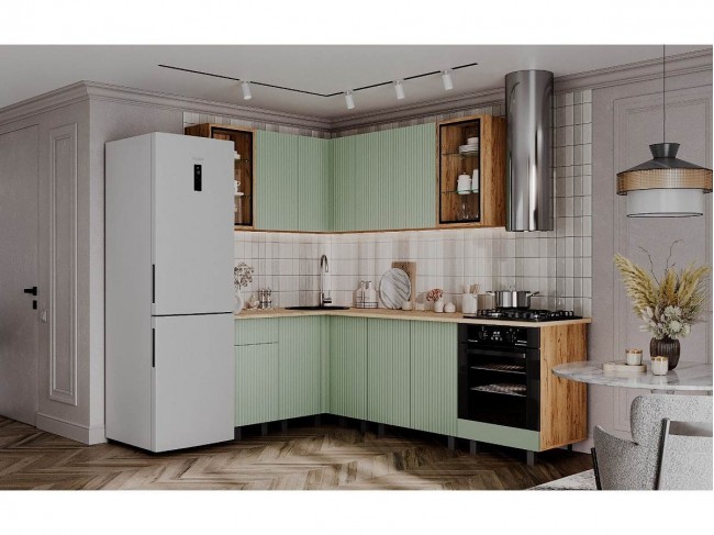 Угловая кухня Оливия NEW 1,4х2,4м, Крафт золотой/Олива софт фото