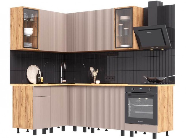 Угловая кухня Оливия NEW 1,4х2,4м, Крафт золотой/Холст латте фото