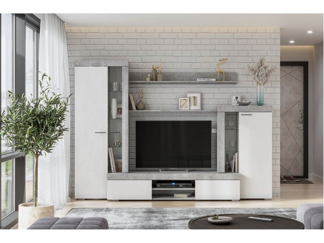 Стенка в гостиную МГС 5, цемент светлый/белый фото