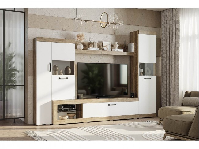 Стенка в гостиную Тесла ГС-01, дуб каньон/белый фото