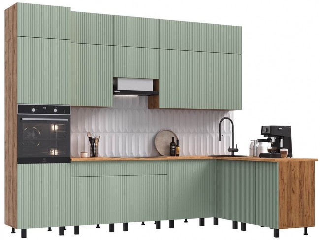 Кухня Оливия NEW 3,0х1,8/1080м Компоновка №3, Крафт золотой/Олив фото
