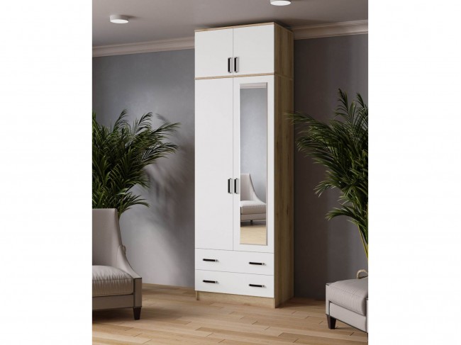 Шкаф 0,8 Лагуна с антресолью и зеркалом, Дуб делано/Белый фото