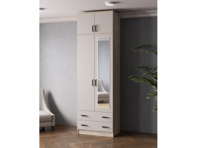 Шкаф 0,8 Лагуна с антресолью и зеркалом, Дуб крафт серый/Кашемир фото