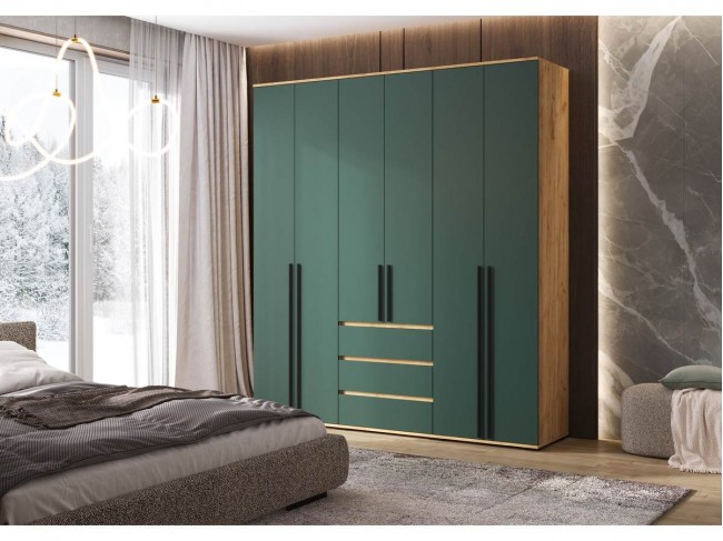 Шкаф 6-ти створчатый Норд, Крафт золотой/Изумрудный фото
