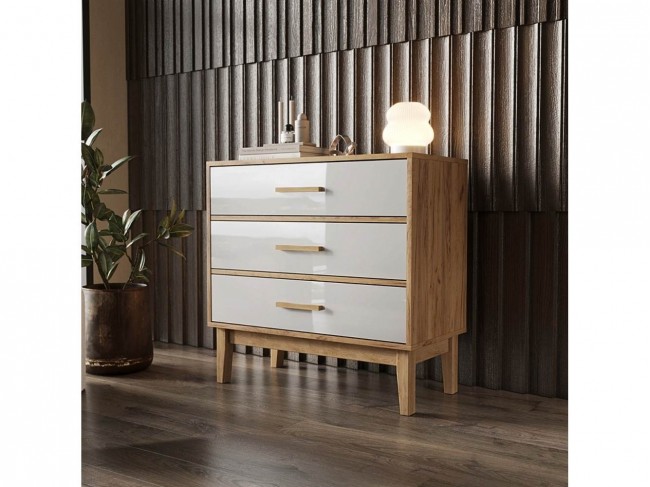 Комод 3 ящика Кельн (800), Крафт золотой/Белый глянец фото