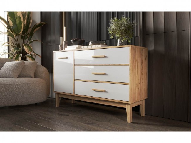 Комод (1 дверь/3 ящика) Кельн (1200), Крафт золотой/Белый глянец фото